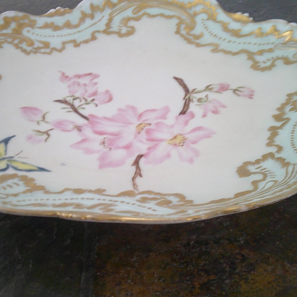 Antique Hand Painted Limoges Porcelain Plate Pink & Butterflies and Gold Trim